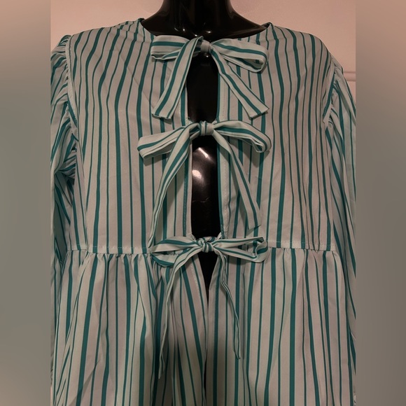 Women Puff Sleeve Peplum Shirts Bow Tie Front Stripe Babydoll Blouse Lace‎ Up - Picture 7 of 10